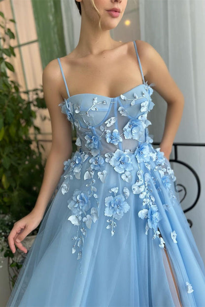 Edgynewlook Baby Blue Sweetheart Flowers Appliques Spaghetti Strap Prom Dress Side Split