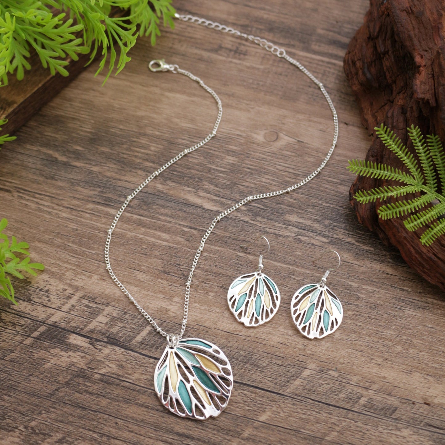 Stylish Elegant Enamel Leaf Earrings Necklace Two Pieces Jewelry Set