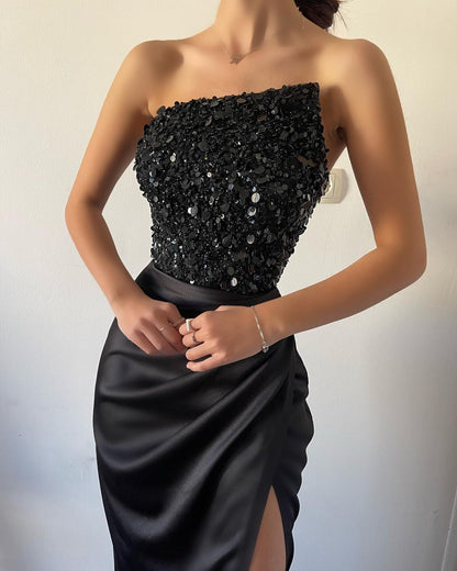 Beautiful Black Prom Dress Sequins Sleeveless Strapless With High Slit YL0308