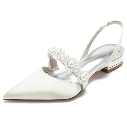 Women's Wedding Shoes Silk Satin White Pearl Low Pointed Toe Buckle Bridal Shoes