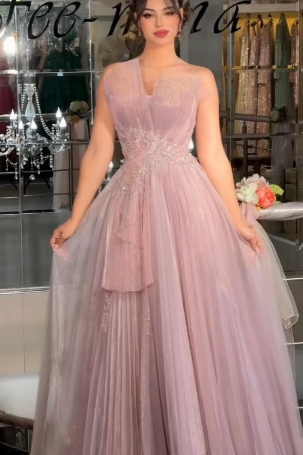 Gentle Sweet Pink Strapless Applique Tiered Tulle Prom Dress LY0030