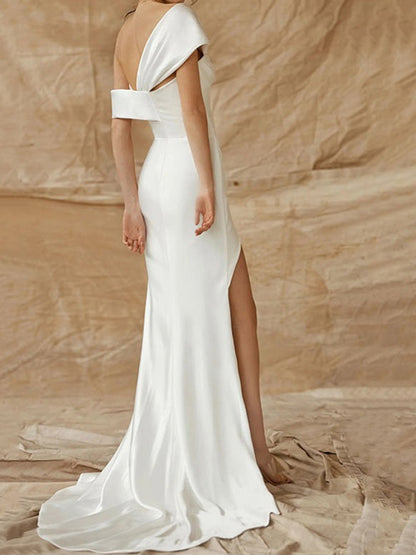 Sheath/Column One-Shoulder Silk Satin Wedding Dress With Split