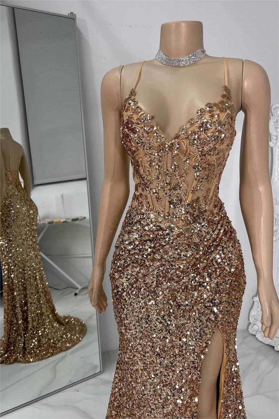 edgynewlook Exquisite Champagne Sequins Spaghetti Strap Sleeveless Prom Dress with Split