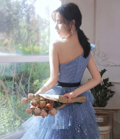 Blue tulle short prom dress one shoulder evening dress  8895