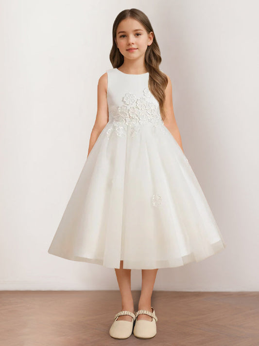 A-Line/Princess Scoop Neck Sleeveless Tea-Length Flower Girl Dress with Appliques