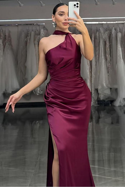 edgynewlook Shinning Burgundy Satin Halter Sleeveless Long Pleated Prom Dress with Split