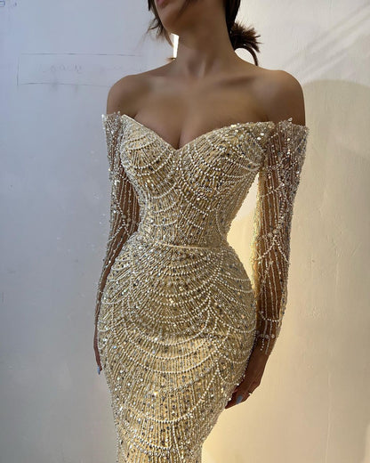 Champagne Luxurious Strapless Beaded Mermaid Prom Dress With Long Sleeves ZT0153