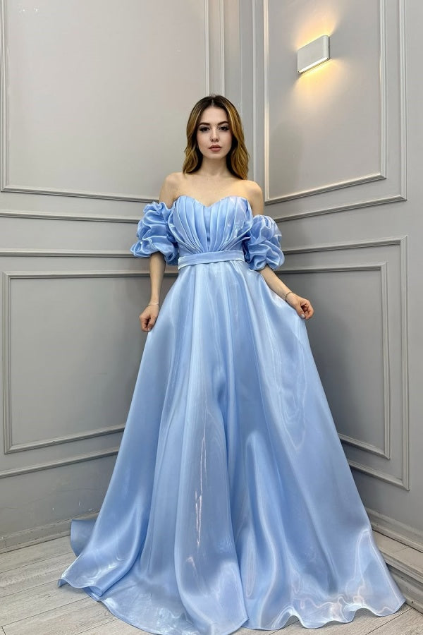 Blue Off-The-Shoulder Bright Tulle Long Prom Dress ZT0498