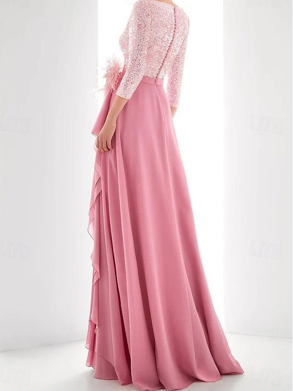 A-Line/Princess Jewel Neck Long Sleeves Asymmetrical Mother of the Bride Dresses With Sequin & Feather & Pearls