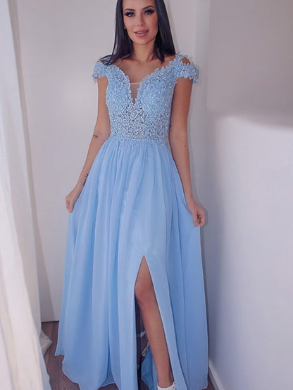 Cap Sleeves Sky Blue Long Prom Dress With Slit PD0166