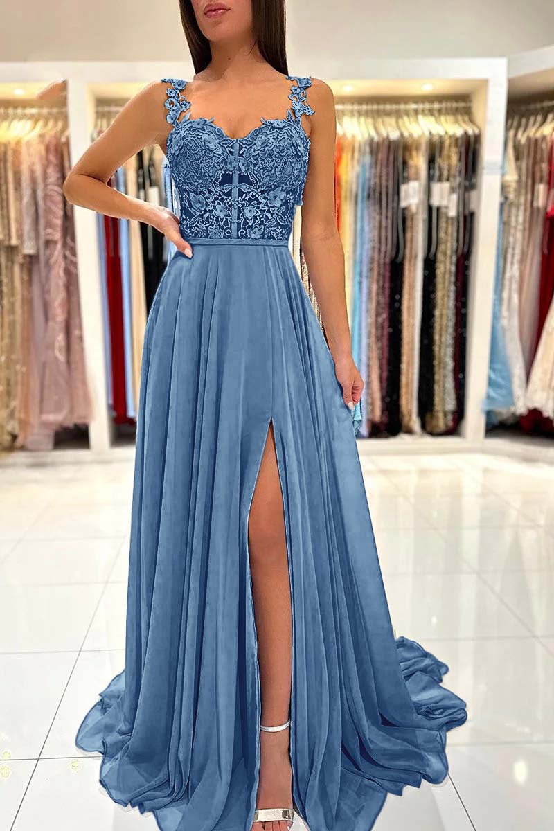 Baby Blue Sweetheart A Line Lace Long Prom Dress With Slit YL0034