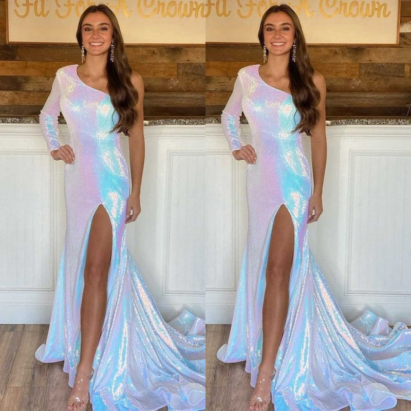 Elegant One Shoulder Long Sleeve Mermaid Prom Dress With Split PD0613