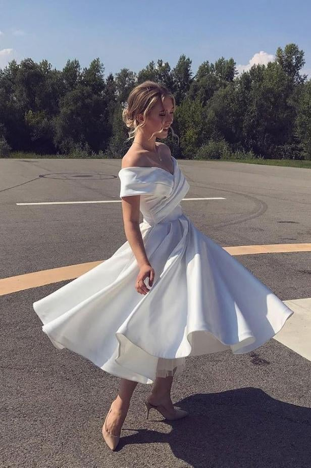 A Line Ankle Length Homecoming Dress, Ivory Off Shoulder Satin Short Wedding Dresses  gh1630