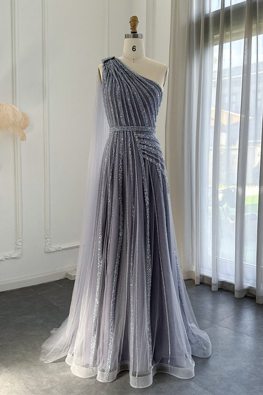 Edgynewlook Stunning Gray One Shoulder A Line Prom Dress Appliques With Ruffles