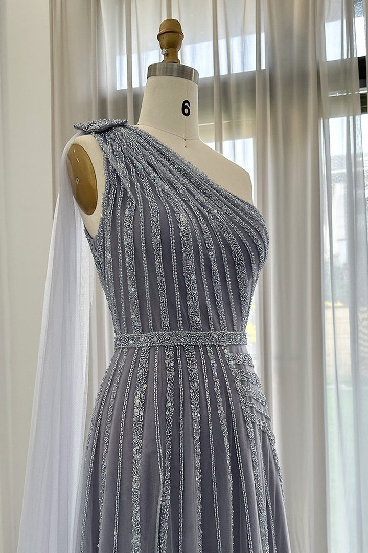 Edgynewlook Stunning Gray One Shoulder A Line Prom Dress Appliques With Ruffles