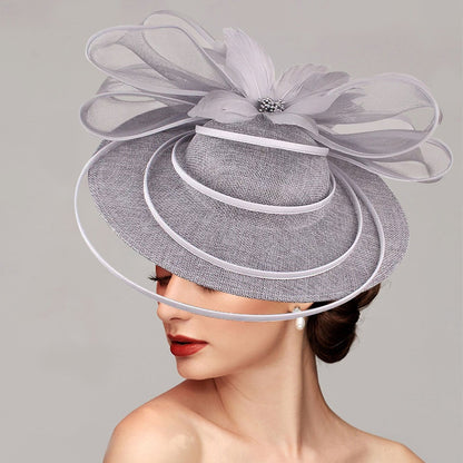 Elegant Net Saucer Hat Fascinator Hats Headpiece Flower Bow & Rhinestone