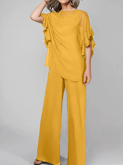 Jumpsuits Scoop Half Sleeves Chiffon Mother Of The Bride Pantsuits