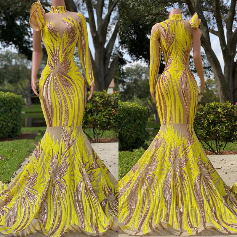 Light Yellow Prom Dress One Shoulder Halter Mermaid Classic Appliques YL0106