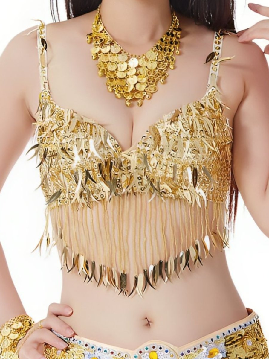 Belly Dancewear Chili Pepper Tassel Sleeveless Bra with Sequins & Beading