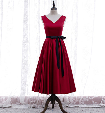 Burgundy v neck satin prom dress homecoming dress  8394