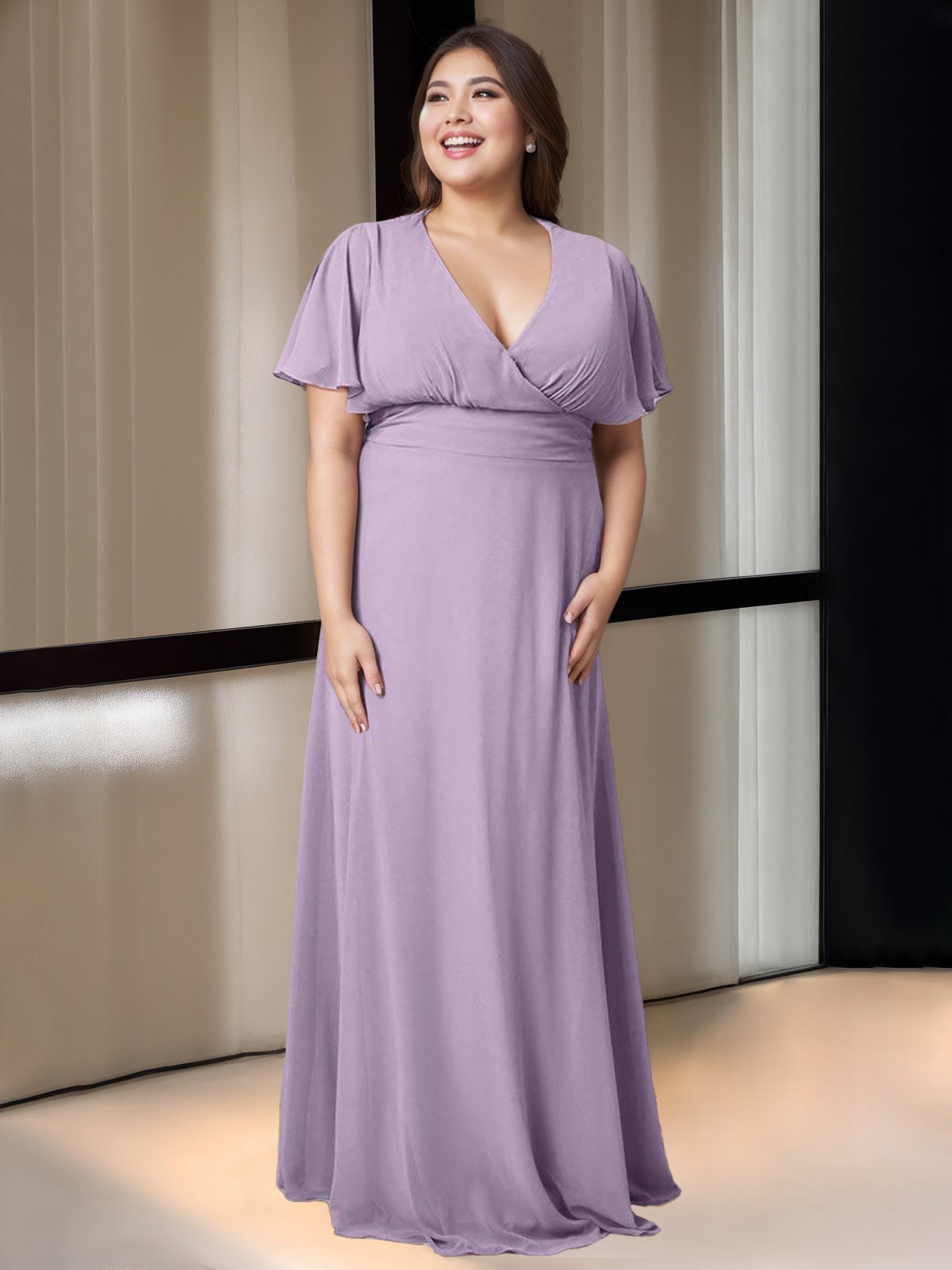 A Line/Princess V-Neck Short Sleeves Floor-Length Bridesmaid Dresses with Pocket