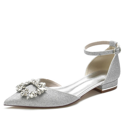 Women's Wedding Shoe Glitter Square Crystal Low Pointed Toe Buckle Bridal Shoes