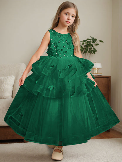 Ball-Gown Round Neck Sleeveless Ankle-Length Flower Girl Dress with Lace