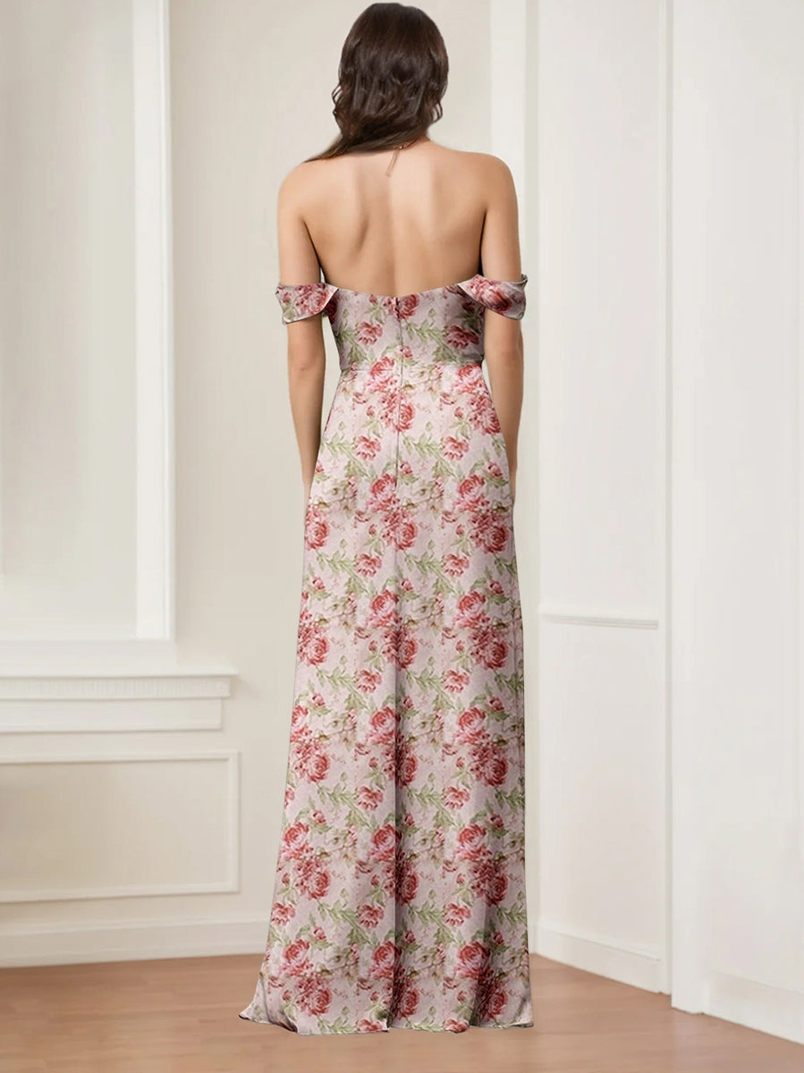 Sheath/Column Off-the-Shoulder Floor-Length Printed Floral Bridesmaid Dresses with High Split