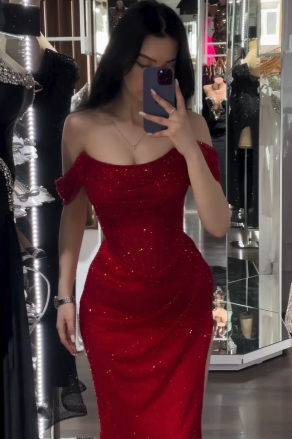 Charming Red Sparkling Off-The-Shoulder Split Strapless Prom Dress ZT0218