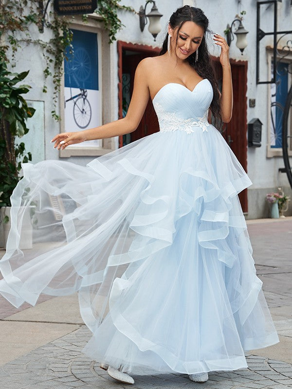 Baby Blue Tulle Prom Dress Long With Applique PD0224