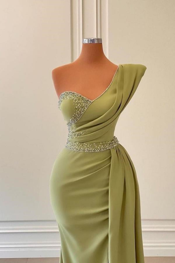 Sage One-Shoulder Split Mermaid Prom Dress With Beadings PD0781