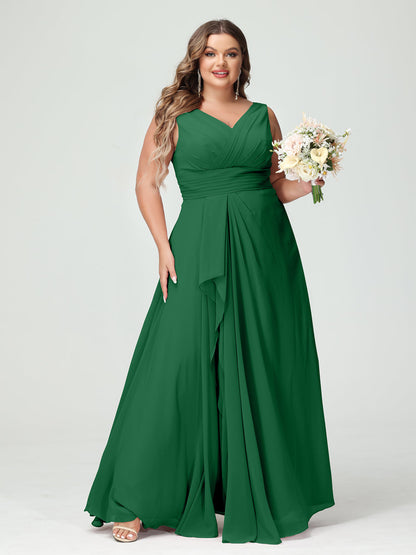 A-Line/Princess V-Neck Sleeveless Chiffon Ruffles Plus Size Bridesmaid Dresses with Pockets & Ruffles