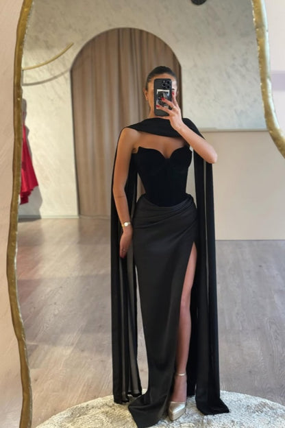 edgynewlook Black Strapless Long Prom Dress Sleeveless with Split