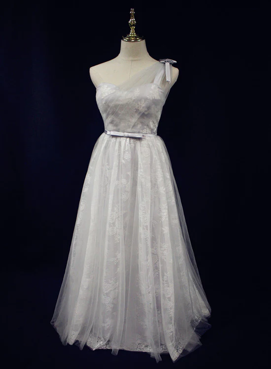 Beautiful Light Grey One Shoulder Lace-Up Bridesmaid Dress, Lovely Grey Party Dress gh411