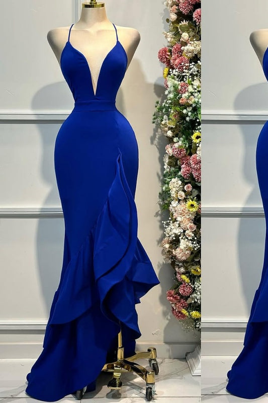 Royal Blue V-Neck Ruffles Backless Prom Dress ZT0461