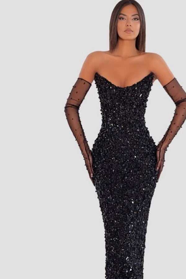 edgynewlook Black Strapless Long Prom Dress Sleeveless with Sequins