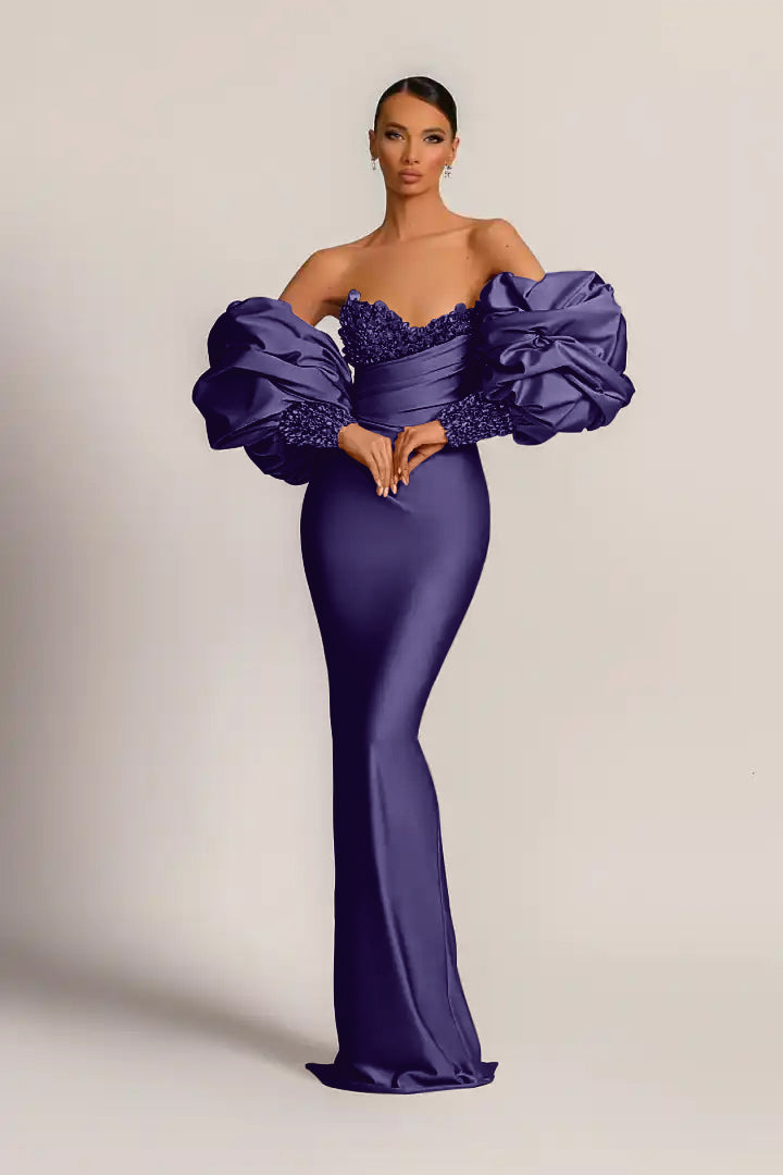 Purple Mermaid Prom Dress Bubble Sleeves Long Sleeves ED0606