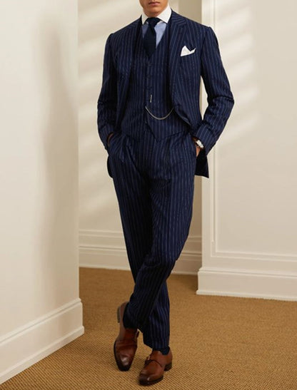 Men's Tailored Fit Single Breasted Two-buttons 2 Pieces Striped Wedding Suits