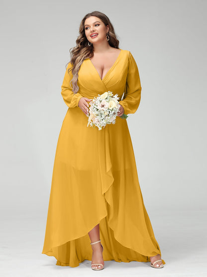 A-Line/Princess V-Neck Long Sleeves Asymmetrical Plus Size Bridesmaid Dresses with Pockets