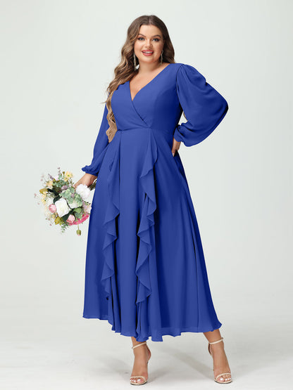 A-Line/Princess/Princess V-Neck Long Sleeves Chiffon Tea-Length Plus Size Bridesmaid Dresses with Pockets & Ruffles