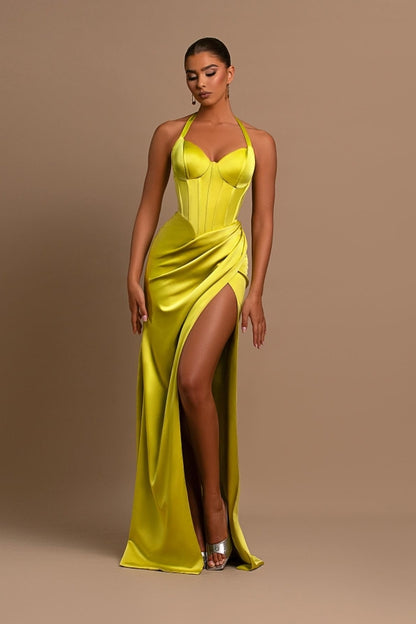 edgynewlook Fashionable Yellow Halter Neck Mermaid Prom Dress With Split