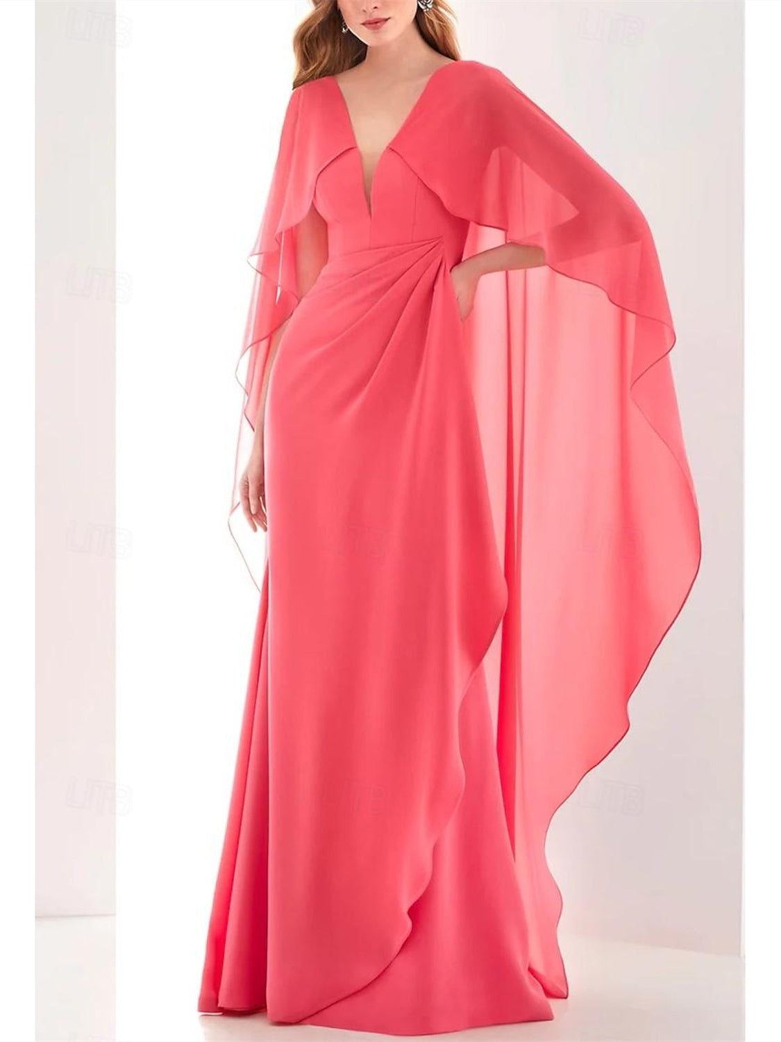 Sheath/Column Ankle Length Long Sleeve V Neck Wedding  Guest Dress Chiffon with Ruched Ruffles