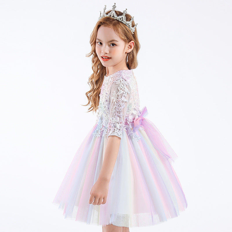 Ball Gown Scoop Neck Half Sleeves Tulle Flower Girl Dress with Appliques & Bow