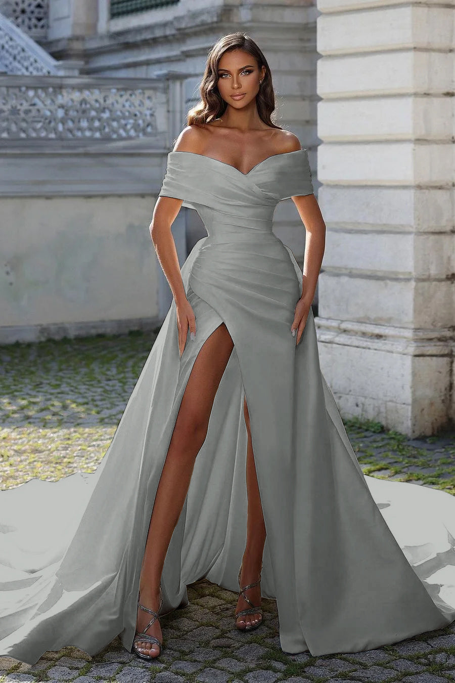 White Split Off-The-Shoulder Long Strapless Prom Dress With Detachable Trail ZT0240