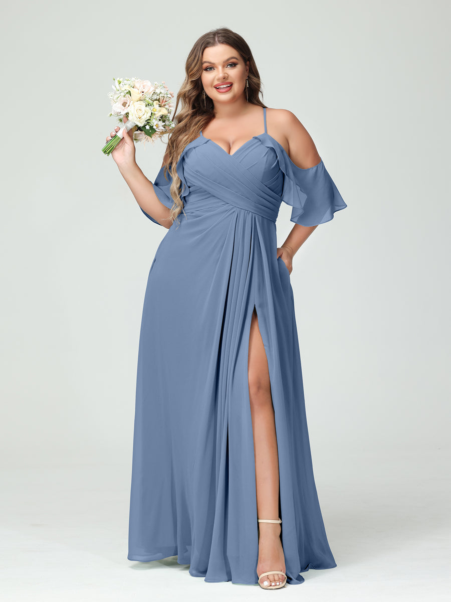 A-Line/Princess/Princess Spaghetti Straps Short Sleeves Chiffon Plus Size Bridesmaid Dresses with Pockets,Ruched Split Side