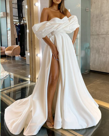 A-line Off The Shoulder Wedding Dress Satin With Slit  gh1929