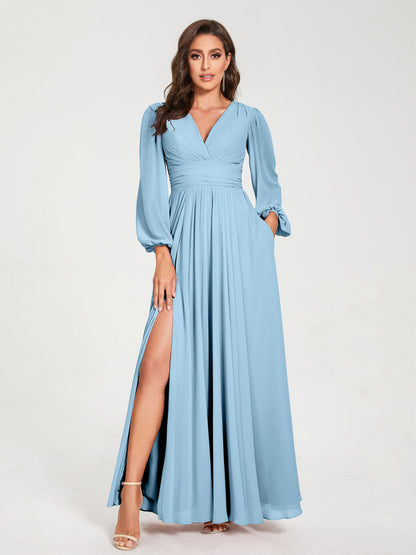 A-Line/Princess V-Neck Long Sleeves Floor-Length Bridesmaid Dresses with Pockets & Split Side