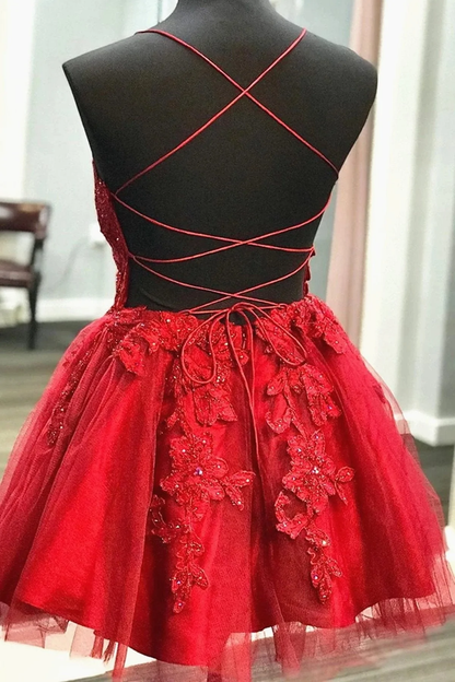 A Line V Neck Short Backless Red Lace Prom Dresses, Short Red Backless Lace Formal Homecoming Dresses  gh870