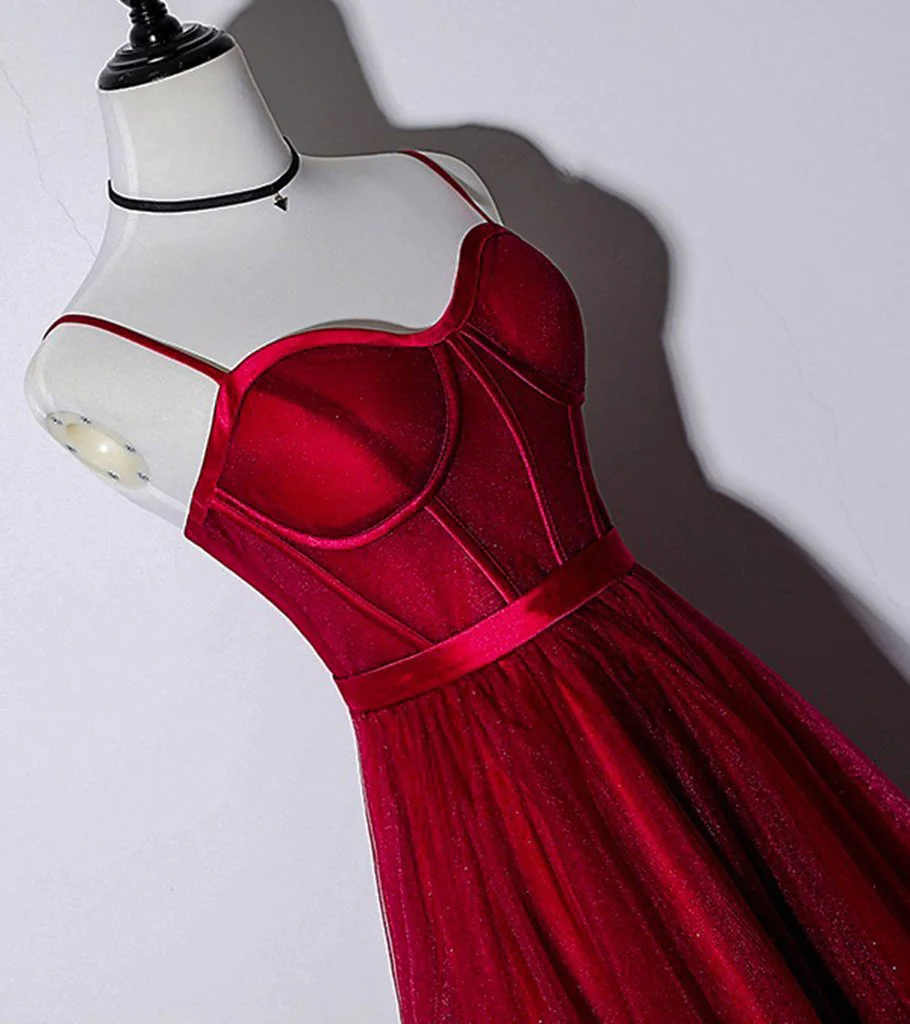 Beautiful Dark Red Tea Length Straps Wedding Party Dress, Homecoming Dress gh296