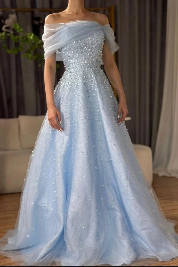 Sky Blue Off-The-Shoulder Sequins A-Line Prom Dress ZT0550